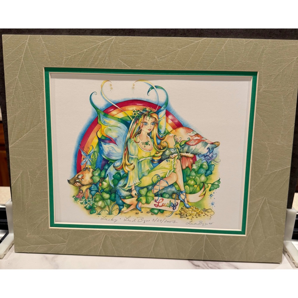 Linda Biggs Lucky Fairy Art Print Signed 2007 Matted Fantasy Rainbow 11x14